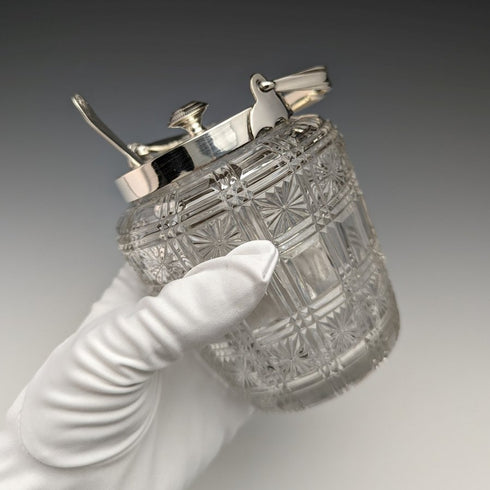 英國古董切割玻璃果醬罐銀盤蓋帶勺子